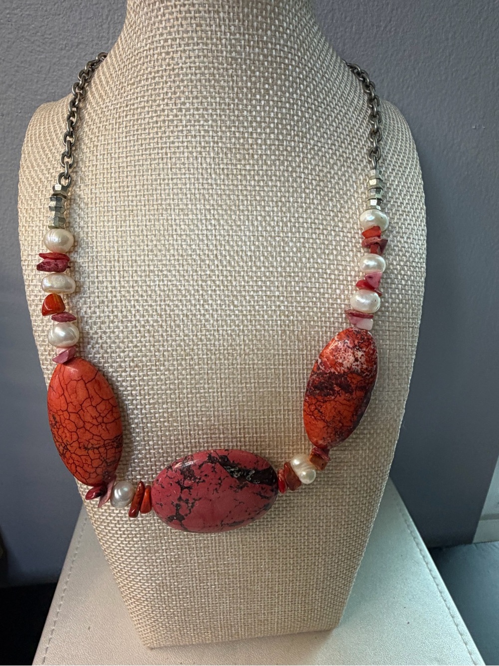 Handmade Coral Red Jasper & Pearl Statement Necklace